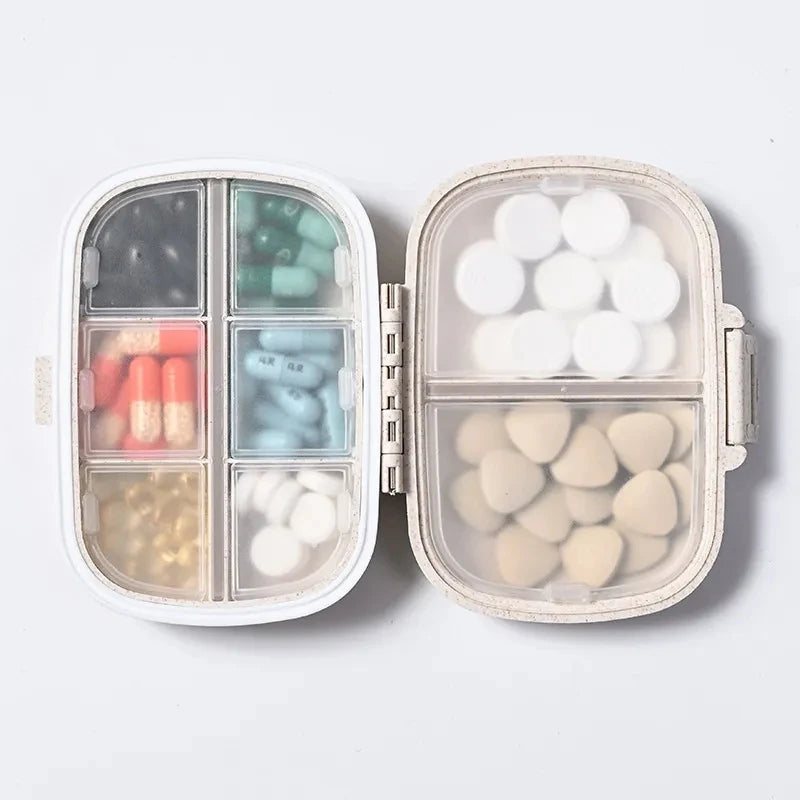 8-Grid Travel Pill Organiser with Seal Ring - Compact Wheat Straw Medicine Container