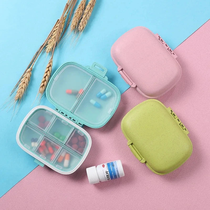 8-Grid Travel Pill Organiser with Seal Ring - Compact Wheat Straw Medicine Container